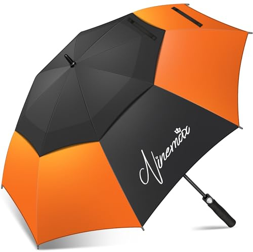 NINEMAX Ombrello Pioggia Grande, Ombrello Golf Grande Antivento Robusto, XL Lungo Ombrelli Grandi Da Pioggia Automatico Resistente Al Vento Forte per Uomo Donna (Nero/Arancione)