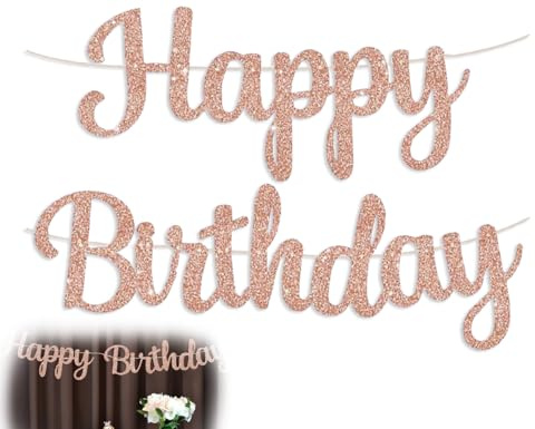 Emezddo Happy Birthday-banderoll, glitterskrift födelsedagskrans, födelsedagsdekoration, festdekoration, födelsedagsfest, dekorationsskylt, födelsedagsbanderoll, för flickor och kvinnor (roséguld)