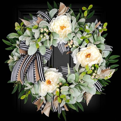 Lambs Ear Wreaths for Front Door Year Round Outside, 20'' Artificial Spring Summer Wreath with Peony Buffalo Bow Green Handmade Farmhouse Home Decor