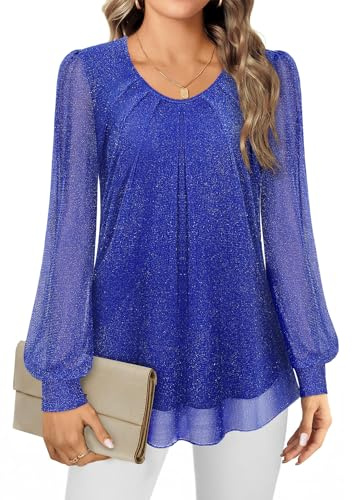Gemulate Sparkly Tops for Women UK Crew Neck Long Sleeve Party Top Ladies Tops Chiffon Blouse Casual T Shirts Sparkly Blue M