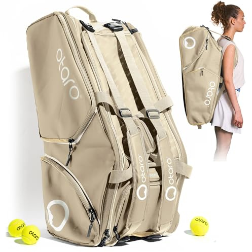 Otaro Tennistasche 82L (beige) mit Schuhfach & kühlenden Thermofächern – 3 in 1 Tragesystem, wasserabweisend, Laptopfach & viele Extrafächer – Tennis Bag für 4 Rackets, Tennisschläger Tasche