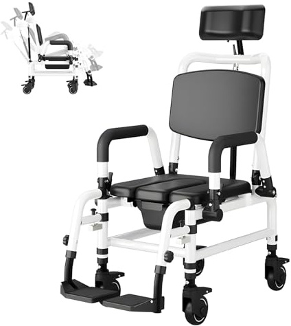 NJUN Chaise Percée à roulettes Inclinable en Alliage d'Aluminium, Fauteuil Roulant Douche Mobile avec Appui-tête Réglable, Repose-Pieds, Bras Rabattables et Seau Amovible, pour Adultes Handicapés