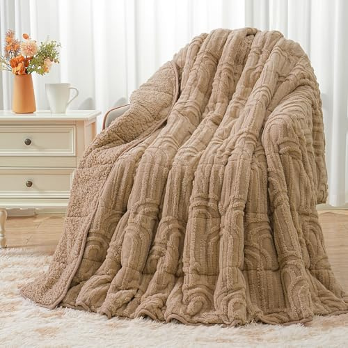 Wemore Jacquard Fleece Weighted Blanket Queen Size 60 x 80 15lbs, Ultra Soft Cozy Sherpa Weighted Blankets for Adults, Ultra Fuzzy Heavy Blanket for Sleep, Fluffy Warm Throw for Bed, Brown
