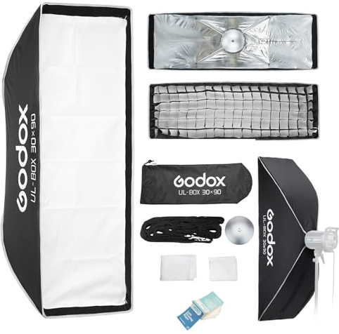 Godox UL-BOX-30 x 90 softbox rektangulär, 30 x 90 cm, softbox snabbbrytare med galler, vikbar softbox med Bowens-fäste för studiovideolampa SL60W SL100D SL100Bi MS200-V MS300-V DP400III-V