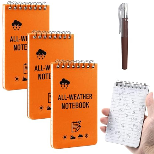 Spiral Quaderno Appunti Impermeabile, 3 Pezzi A7 Taccuino Tascabile Resistente All'acqua con Penna, Block Notes Piccoli Mini Notebook 5 Minute Journal per I Viaggi, La Scuola, Il Lavoro (Arancione)