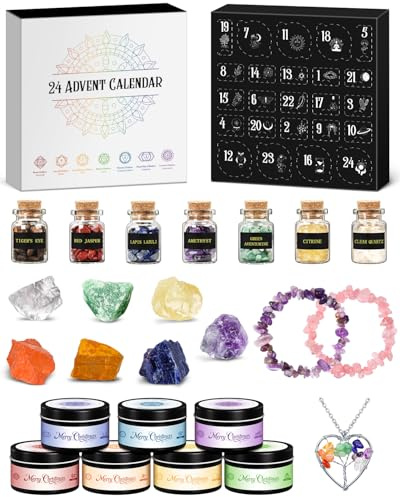 Calendrier de l'Avent 2025 Bougies de Chakra avec Cristal Pierres, Coffret Bougies Parfumées Cadeau pour Femmes la méditation,Bougies Parfumées de Spirituelle pour le Yoga