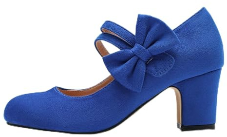 Escarpins Bowknot Mary Jane Chaussures à talons rétro vintage en faux daim pour femme Chaussures à bout rond fermé Chaussures de bureau Chaussures de mariage confortables, bleu, 40 EU