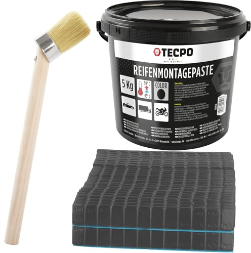 TECPO Set di montaggio per pneumatici, con pasta di montaggio per pneumatici, 5 kg, peso adesivo bilanciato, nero, 600 x 5 g e pennello di montaggio