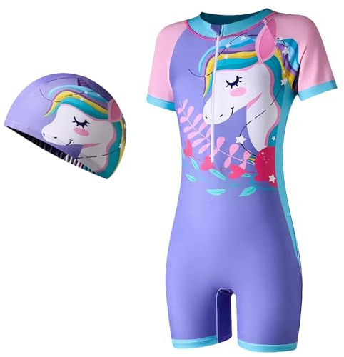 ADUDVLO Girls Swimming Costume with Front Zipper & Swim Cap – Cartoon One Piece Bathing Suit for Kids Ages 4–10, Quick Dry & Stretchy Swimwear (UK, Age, 7 Years, 8 Years, Regular, Purple)