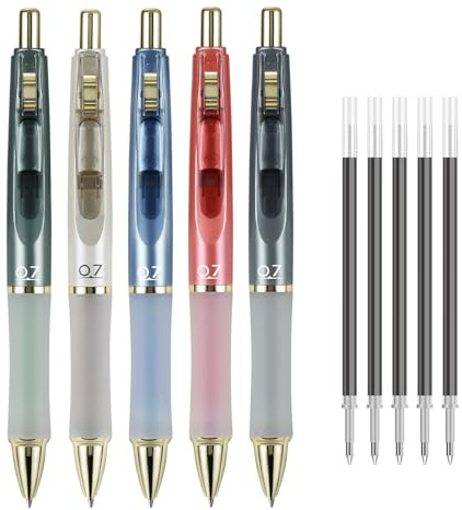 SUIN Gel Pens Black Ink 0.7mm, Retractable Smooth Writing Pens with Soft Grip, 5 Pack Refillable Aesthetic Pens with 5 Refills for Journaling, Note Taking, Office & School