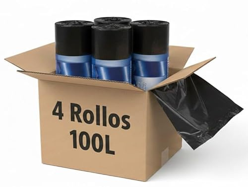 Bolsas de Basura Industriales Comunidad 100 L – Pack de 4 Rollos Resistentes | Sacos Negros Grandes para Cubo de Basura | Uso Comercial y Doméstico