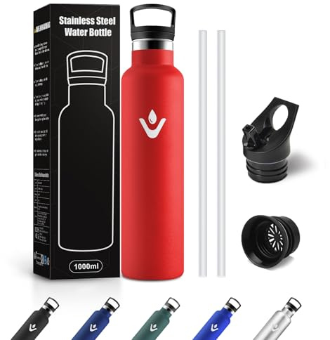 Bouteille d'eau en Acier Inoxydable 1L, Gourde Inox avec en Paille, sans BPA, Anti Fuite et Réutilisable, pour Camping, Voyage, Bureau