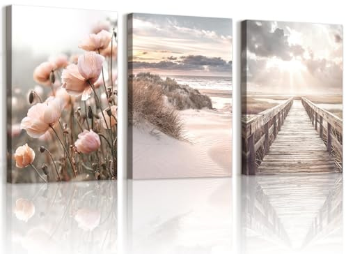 WENGTIAO 3 Pezzi Paesaggio Naturale Quadro su Tela Incorniciato, Stampa su Tela Spiaggia Costiera Passerella in Legno Fiori Rosa Quadri Moderni Soggiorno Camera da Letto Decorazioni Parete 30x40cmx3