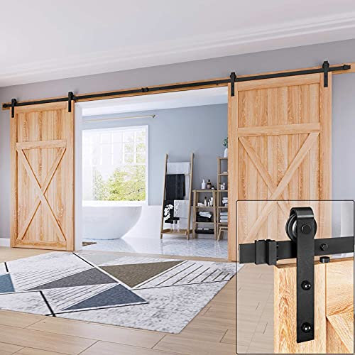 EaseLife 16 FT Double Door Sliding Barn Door Hardware Track Kit,Basic J Pulley,Slide Smoothly Quietly,Easy Install (16FT Track Kit for Double 48 Wide Door)