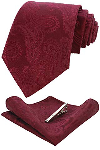 JEMYGINS Cravate Homme Bordeaux Rouge en Soie Paisley Mariage et Pinces à cravate et Carre de poche Ensemble Compris boîte(1)
