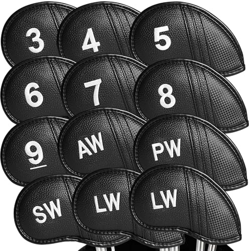Lot de 12 housses de club de golf avec fermeture éclair et chiffres imprimés pour clubs de fer, accessoires de golfeur en néoprène portables (noir)