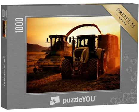 puzzleYOU: Puzzle 1000 Teile „Traktoren auf einem Acker bei Sonnenuntergang“ – aus der Puzzle-Kollektion Traktoren, Landwirtschaft