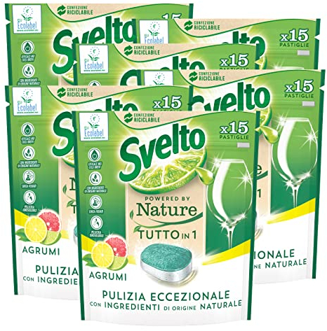 6x Svelto Powered By Nature Tutto in 1 Pastiglie per Lavastoviglie Pulizia Eccezionale Profumo Agrumi - 6 Confezioni da 15 Pastiglie