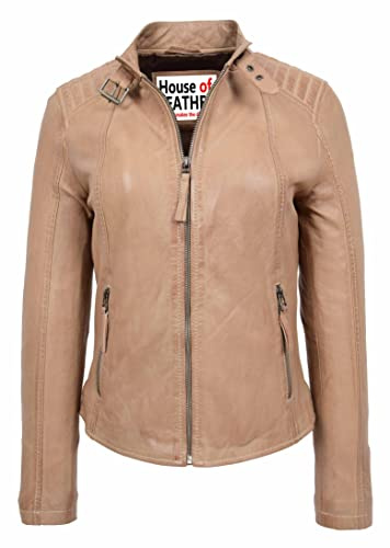 Chaqueta clásica de piel auténtica estilo motociclista para mujer Sophia, beige, 42
