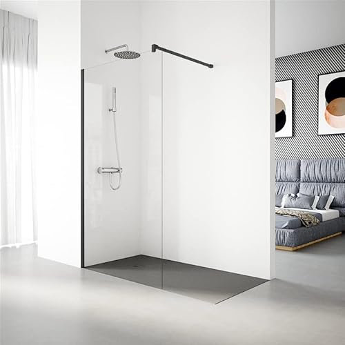 Paroi de Douche Fixe Modèle SERIE 100 de 100x195 cm - Verre Trempé, Traitement Anti-calcaire, TransParoint et Réversible d'1 Feuille de 6 mm - Profil Couleur Noir - REALSHOWER