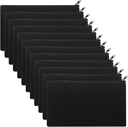 12 Pièces Trousse de Maquillage en Toile, Sac Cosmétiques de Voyage, DIY Vierge Toile Trousse de Rangement en Tissu, Sacs à Glissière, Trousse de Toilette pour Voyage, Bureau et École（Le Noir）
