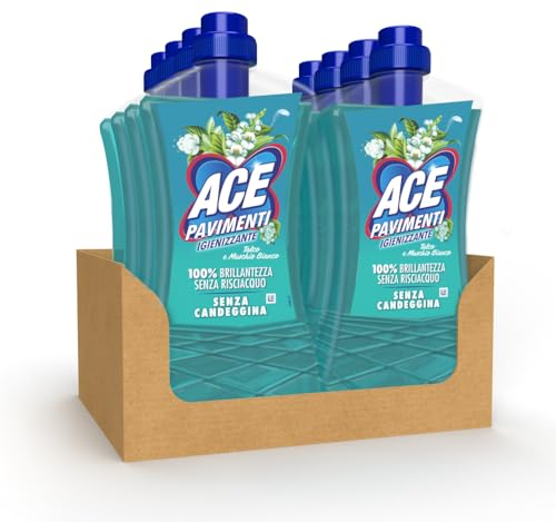 ACE Pavimenti Igienizzante Talco e Muschio Bianco, Senza Candeggina, Bipacco 2 x 1000 ml, Cartone da 4 bipacchi
