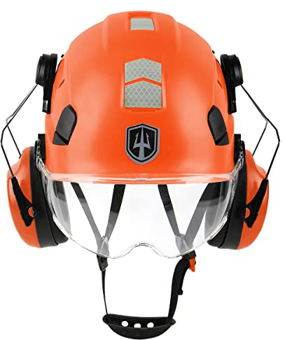 GREEN DEVIL Schutzhelm Arbeitshelm mit klarem Visier und Gehörschutz Ohrenschützer Einstellbarer ABS Sicherheitshelm Belüfteter Bauhelm mit EN 397 Industriehelm (Orange)