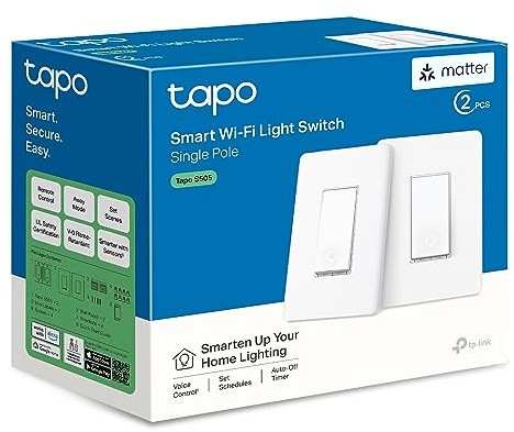 TP-Link Tapo Matter Smart Light Switch: Voice Control w/Siri, Alexa & Google Home | UL Certified | Timer & Schedule | Easy Guided Install | Neutral Wire Required | Single Pole | Tapo S505(2-Pack)