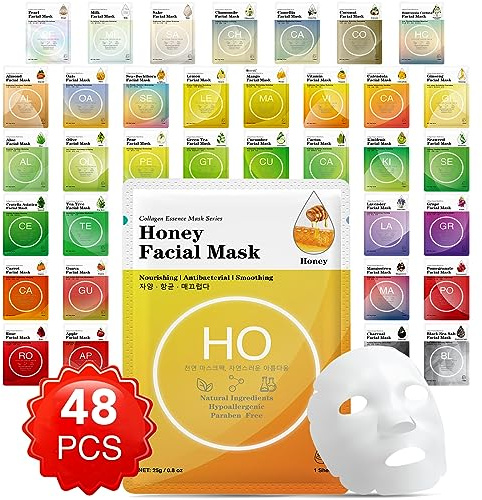 48 Packs Collagen Essence Sheet Facial Masks, Plant Extract and Sodium Hyaluronate, Skincare for All Skin Types, Moisturizing and Soothing, Natural Skin Care Spa Korean Face Mask
