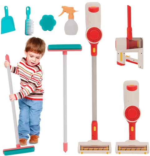 Kinder Staubsauger Spielzeug, 3 in 1 Realistische Absaugung Kinder Reinigung Spielzeug Set mit Sound, Pretend Rolle Spielen Housekeeping Spielzeug Set, Schwamm Lappen Reinigungswerkzeuge (Rot)