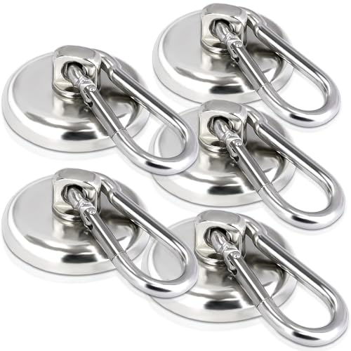 MIN CI Starka magneter med krok 50 kg, 36 mm, magnetkrok, extra starka neodymmagneter, stor magnetisk krok, magnet, karbinhake, extra starka magneter med ögla för kök, badrum, skåp, 5 stycken