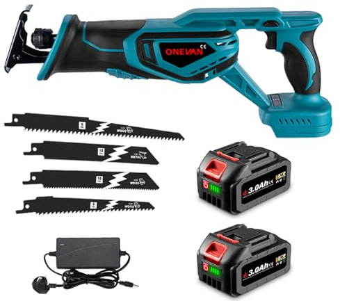 Reciprocating Saw Cordless Saber Saw Brushless - Battery Hand Saws for Cutting Wood, 0-3000SPM Stroke Speed with 4 Saw Blades (Incl. 2 Batteries)