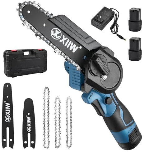 Mini motosierra de 6 pulgadas y 4 pulgadas con 2 baterías, sierra de mano, batería de solo 1,3 kg, tensión de cadena sin herramientas, portátil, motosierra de mano para tijeras de podar, tijeras de