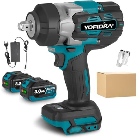 Yofidra Llave de Impacto Inalámbrica 1700N.m 1/2 con Motor Sin Escobillas, 3 Velocidades, 2 6.0Ah Baterías, Cargador Rápido y Luz LED Pistola de Impacto para Trabajos Pesados y Reparaciones de Autos
