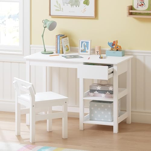 Spirich Kids Desk and Chair Set, Kids Study Desk with Drawer and Shelves, Children Wooden Study Table for 3-8 Years Old, Student Writing Table Computer Workstation