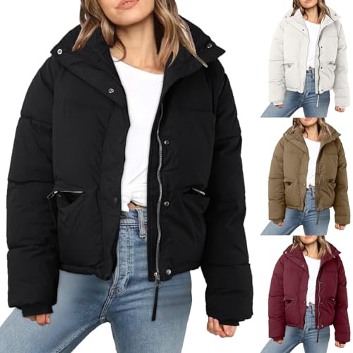 Chaqueta acolchada para mujer, chaquetas corta de invierno, cálida, acolchada, gruesa, chaqueta de plumón, a la moda, recortada con cremallera, cuello alto, abrigo acolchado