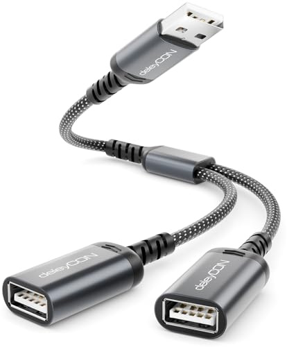 deleyCON USB Splitter 1 till 2 Y Kabel Fördelare 1 till 2 Adapter USB 2.0 Datakabel - 18W Laddkabel för Ström och Data HUB - för PC Laptop Mac Bil Tangentbord Mus PS5 Osv.