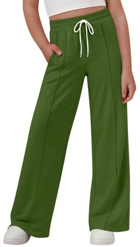Generisch Pantalon pour fille avec jambes larges, taille élastique, coupe droite, pantalon de loisirs confortable pour enfants, adolescents, mode estivale, pantalon long, design uni, vert, 11-12 ans
