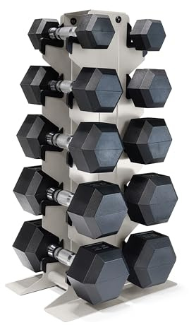 CAP Barbell 150 lb Dumbbell Set with Rack, Rubber Coated Hex Free Weight Set, Compact Vertical Storage, for Strength Training & Home Gym, Light Gray Rack