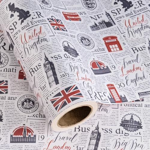 WRAPAHOLIC Kraft British London Wrapping Paper Roll - Mini Roll - 17 Inch x 16.5 Feet - UK Vintage Newspaper Wrapping Paper for Birthday, Wedding, Anniversary, Bridal Shower