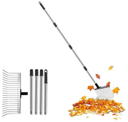 Räfsa trädgård med handtag 160 cm 4 delar – lövbrott metall 21 tänder 40 cm bred – gräsmatta kratta justerbar höjd – trädgårdsräfsa stabil för löv gräs jord – gräsmatta lövsamlare utjämningsräka