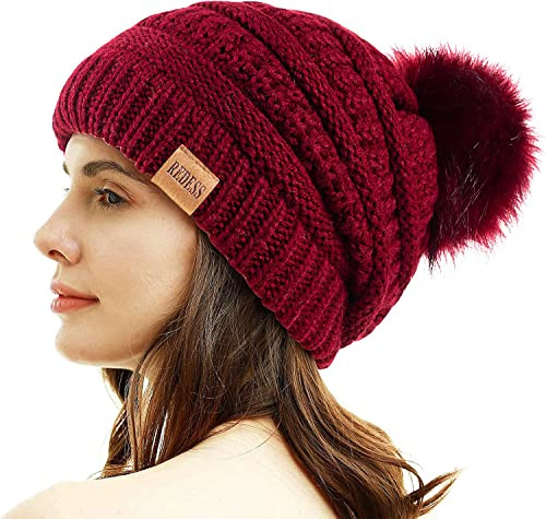 REDESS Bonnet d'hiver à Pompons pour Femme Doublure Polaire Chaude Épais Slouchy Snow Knit Chunky Baggy Skull Ski Cap