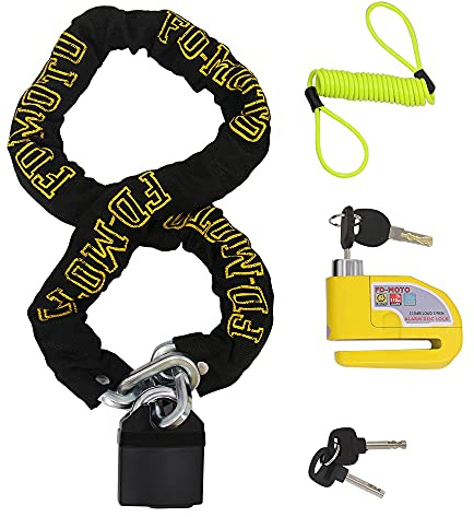 FD-Moto 1.2M*10mm Steel Motorbike Chain Lock Padlock + Yellow Alarm Brake Disc Lock 7mm Pin + 1.5M Cable + Pouch