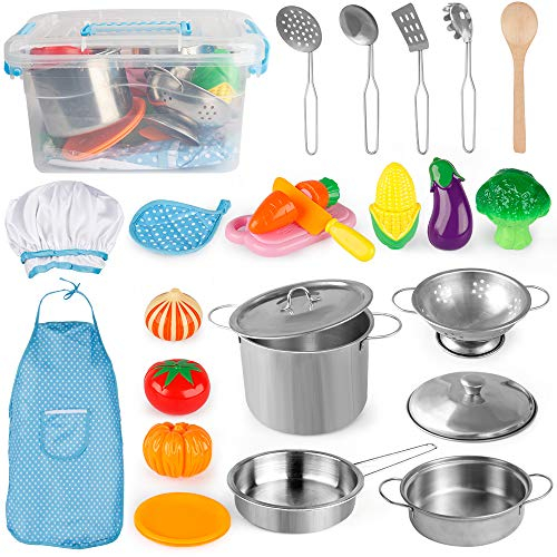 D-FantiX Play Kitchen Accessories, Kids Play Pots and Pans Playset with Mini Stainless Steel Pretend Play Cooking Toys, Cookware Utensils, Apron and Chef Hat, Cutting Food for Toddler Boys Girls