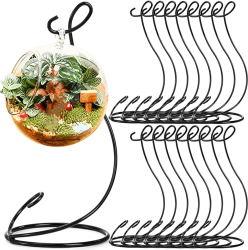 Peohud 16 Pack Ornament Display Stand, 9 Inch Iron Hanging Bauble Ornament Holder Stand, Air Plant Hanger Stand Home Decors Hook for Hanging Glass Globe, Air Plant Terrarium, Witch Ball, Black