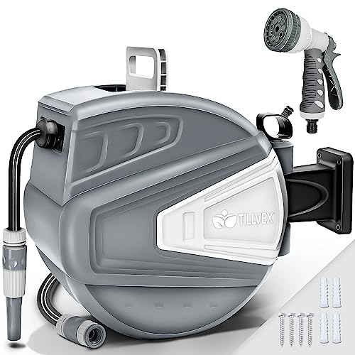 tillvex Schlauchtrommel Wasser 15+2m mit Wandhalterung + Tragegriff | Schlauchaufroller mit Handbrause und Gartenschlauch | 180° Schwenkbar | Wand-Schlauchbox mit Aufroll-Automatik | Grau