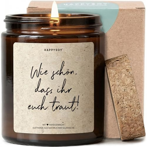 Wie schön, dass ihr euch traut - Duftkerze mit Spruch als Geschenk zur Hochzeit, liebevolle Aufmerksamkeit für das Brautpaar, Kerze im Glas mit blumigem Duft