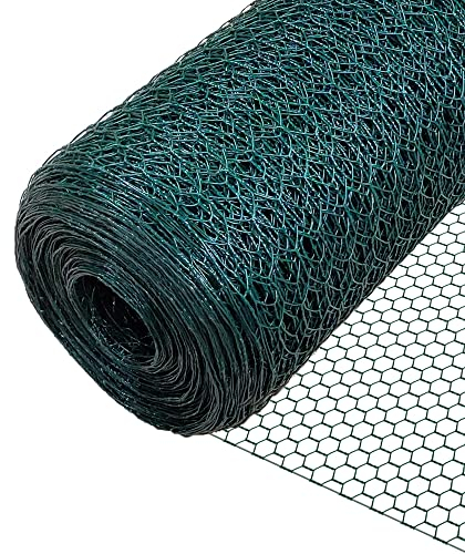 VOUNOT Chicken Wire Mesh Roll, PVC Coated Hexagonal Wire Mesh Fencing, Wire Poultry Netting, 1m x 50m, Hole Size: 25mm, Green