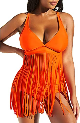 Femme Maillot de Bain 2 Pieces avec Frange Sexy,Taille Haute Deux pièces Push up Bikini Set Tankini Col en V pour Swimwear Swimsuit Plage Piscine(Orange,L)