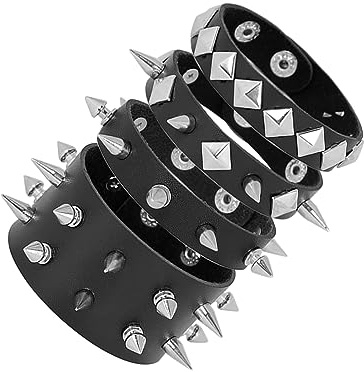 Manfnne - Pulsera de piel punk gótica con tachuelas de metal, Cuero sintético Zinc, No es una piedra preciosa